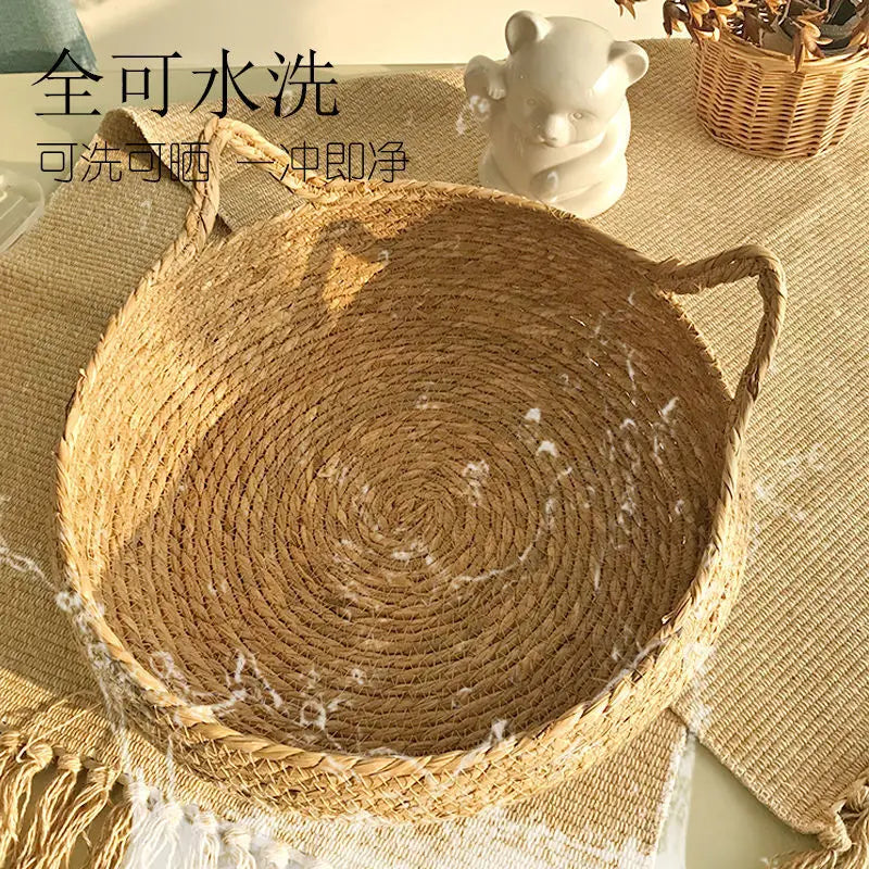 Rattan Pet Bed with Cushion - Luxury Cozy Pet Basket for Cats & Dogs