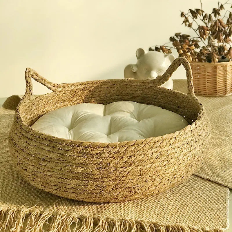 Rattan Pet Bed with Cushion - Luxury Cozy Pet Basket for Cats & Dogs