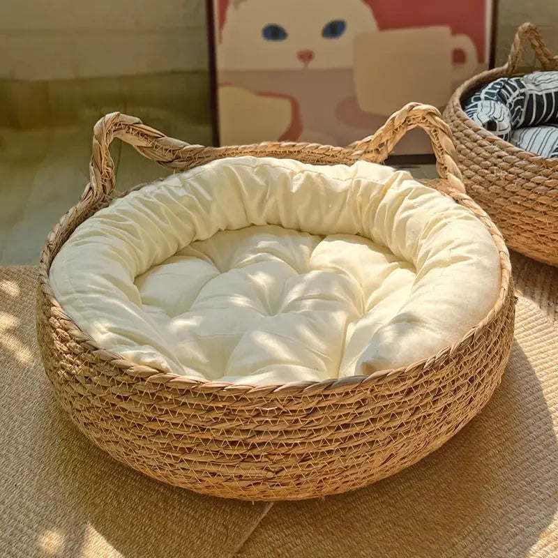 Rattan Pet Bed with Cushion - Luxury Cozy Pet Basket for Cats & Dogs