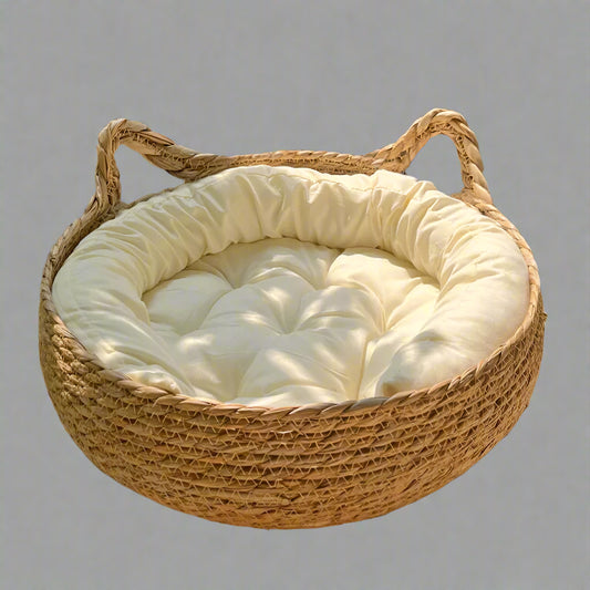 Rattan Pet Bed with Cushion - Luxury Cozy Pet Basket for Cats & Dogs
