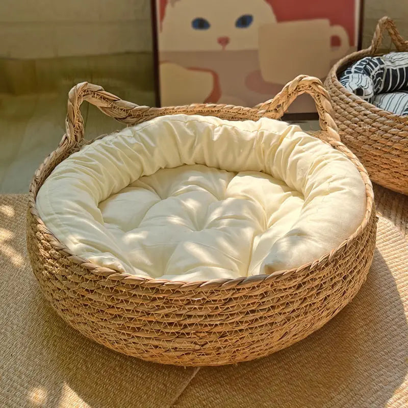 Rattan Pet Bed with Cushion - Luxury Cozy Pet Basket for Cats & Dogs