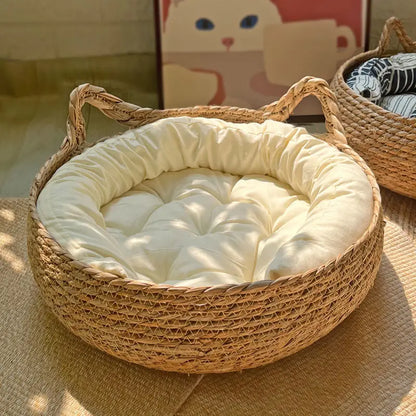 Rattan Pet Bed with Cushion - Luxury Cozy Pet Basket for Cats & Dogs